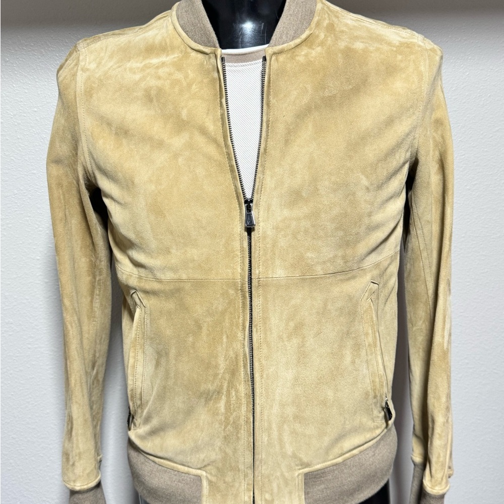 Isaia Light Tan Suede Bomber Jacket